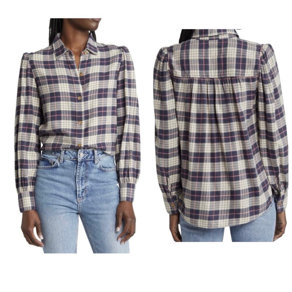 Rails Angelica Plaid Flannel Shirt Women's Ruched Button Down Coastal Cowgirl- L